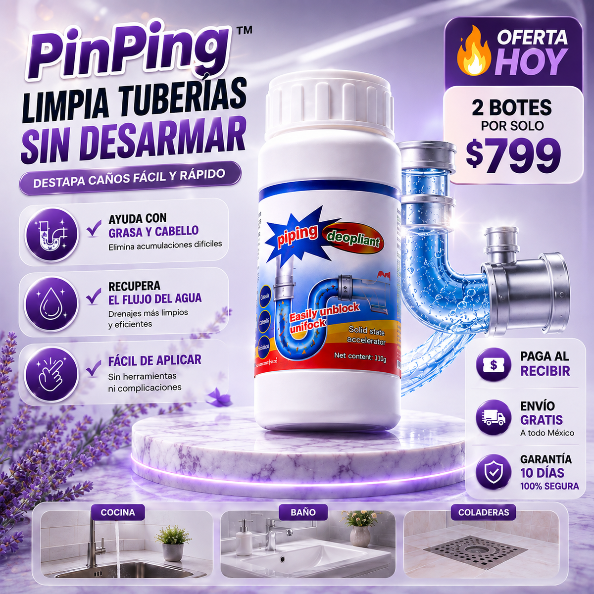PinPing™ | Limpia Tuberías Destapa Caños
