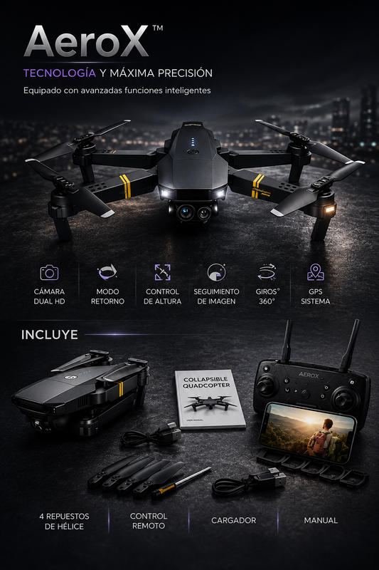 AeroX™ | Dron Cámara Dual 4K + Accesoríos